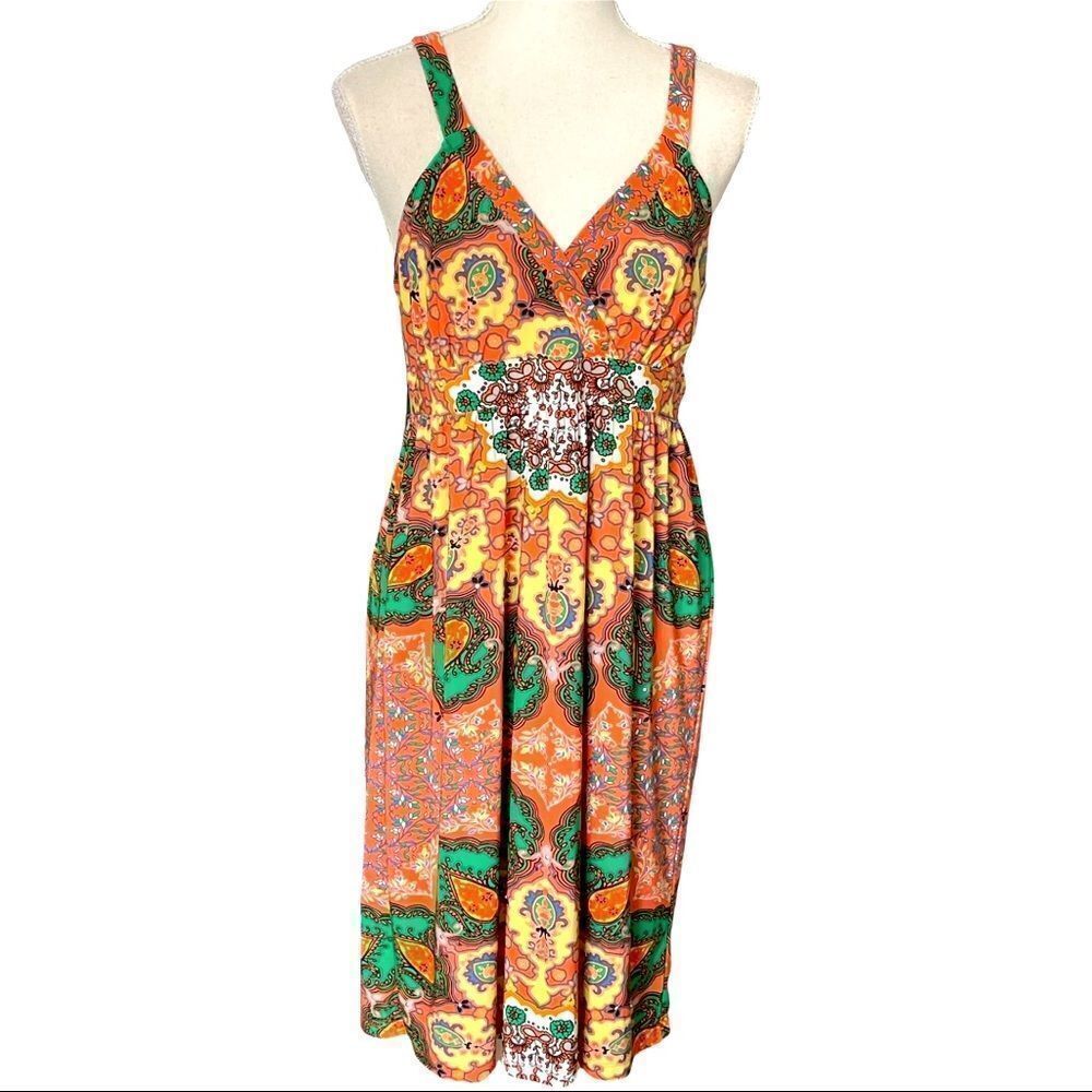 INC International Concepts Orange/Green/Yellow Printed Summer Dress Sz M